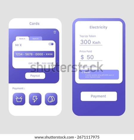 A clean ewallet UI showcasing two key screens main balance card overview and electricity token purchase functionality.