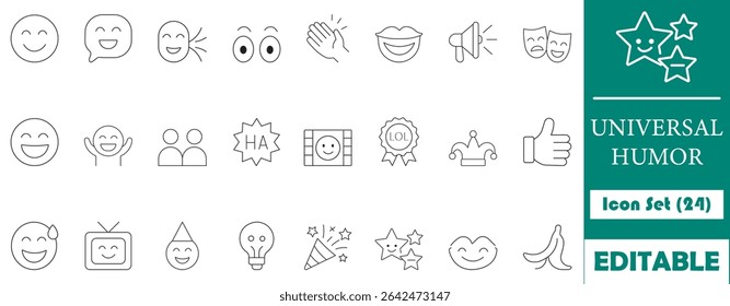 A clean and expressive 24 universal humor icon set featuring laughter, smiles, emojis, and comic elements—perfect for fun, comedy apps, blogs, and creative content.