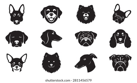 Clean and expressive dog head silhouette vector collection featuring various popular canine breeds. Includes smiling Golden Retriever, German Shepherd, fluffy Pomeranian, French Bulldog, Pug, Dachshund, Cocker Spaniel, Chihuahua, Greyhound, and Boxer profiles. Ideal for pet grooming salons, breed-specific club logos, veterinary business cards, and cute stickers.