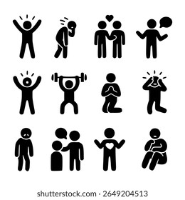 A clean and expressive set of 12 stick figure vector icons illustrating a wide range of human activities and emotions