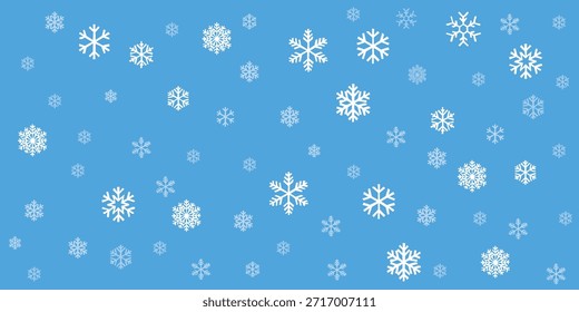 Uma ilustração vetorial limpa, festiva e vibrante capturando a essência do inverno. Este padrão repetido exibe vários flocos de neve de seis pontos e cristais de gelo de diferentes tamanhos, isolados contra um fundo azul brilhante do céu.