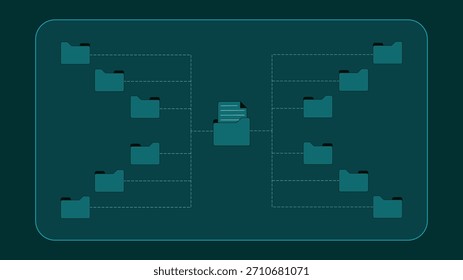 Plano de fundo de gerenciamento de arquivos limpo mostrando várias pastas conectadas em torno de um documento central simbolizando a estrutura da organização de dados fluxo de trabalho sistema de armazenamento e gerenciamento de informações digitais