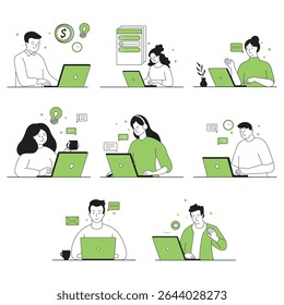 Clean Fill Line Office Scene with People Laptop Computer Business Technology