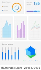 Clean financial dashboard featuring various charts, including line and bar graphs, designed for illustrating business trends and statistics. Concept of economics, financial analytics, business