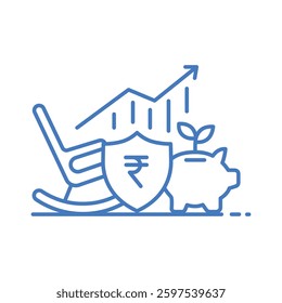 Clean Financial Security Icon Rocking Chair Shield Rupee Piggy Bank Modern Look