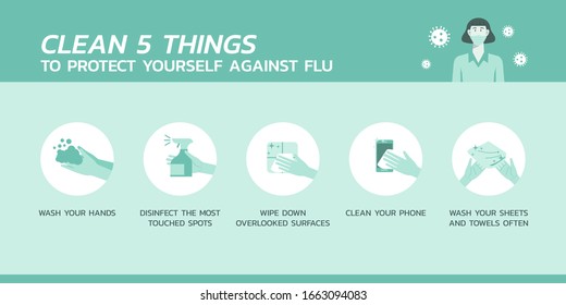 Clean Five Things To Protect Yourself Against Flu Infographic, Healthcare And Medical About Fever And Virus Protection, Flat Vector Icon Symbol, Layout, Template Illustration In Horizontal Design