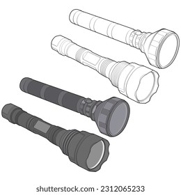 Clean flashlight outline and color vector illustration set designed for hardware and outdoor product catalogs, ecommerce listings, safety manuals, and editable equipment design templates. Isolated handheld torches suitable for camping, emergency, industrial, and commercial use.