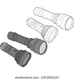 Icono de la linterna del conjunto plano del vector de luz. Iluminación de linterna con foco o flash. Ilustración de linterna de luz intermitente aislada sobre fondo negro. Ilustración del vector, EPS 10.
