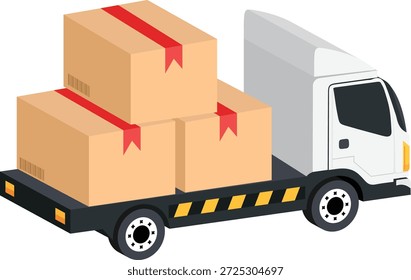 Una ilustración 2D limpia y plana de un camión de reparto blanco que transporta tres Grandes paquetes de cartón con cinta adhesiva. Este gráfico es ideal para representar el envío de comercio electrónico, el transporte de carga, los servicios de logística y la gestión de la cadena de suministro.