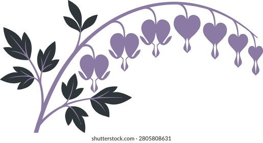 A clean, flat 2D vector graphic of a bleeding heart flower stem (Lamprocapnos spectabilis) against a solid white background. Features stylized, hanging heart shapes with minimal, sharp lines in a solid dusty lavender and deep charcoal color palette. Perfect for modern botanical designs, elegant wedding invitations, and minimalist branding.