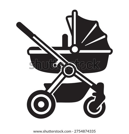 A clean, flat, black and white icon illustration of a modern baby carriage or stroller. The design features a side profile of the pram with a canopy, a sturdy frame, a handle, and wheels, depicted in a simple, high-contrast graphic style suitable for web design, parenting blogs, or retail applications.