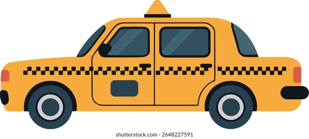 A clean, flat color vector illustration depicting the side view of a classic yellow taxi cab, complete with a distinctive black and white checkered stripe along its side.