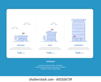 Clean Flat Creative Set Web Tariffs: Personal, Team, Corporate. Interface for the site. UI UX vector banner for web app. Pastel pricing table, banner, list with tariff plan for website in flat design.