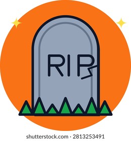 A clean flat design graphic featuring a grey headstone engraved with RIP lettering and a small crack. The grave marker sits atop stylized green grass against a circular orange backdrop with decorative yellow stars. This spooky concept is ideal for Halloween icons, cemetery themes, or funeral service digital design projects.