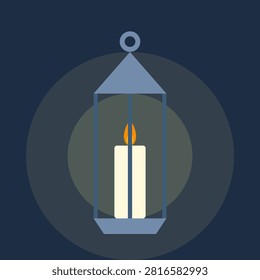 A clean flat design graphic featuring a blueish grey traditional lantern containing a tall white candle. The flame emits a soft yellow and white circular glow against a dark navy blue square background. This minimalist illustration evokes a cozy autumn evening atmosphere, perfect for seasonal decorations or concept art designs.