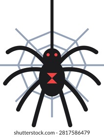 A clean flat design graphic featuring a black spider with red markings dangling on a single thread. The composition includes a geometric spider web in the background against a plain white field. This professional vector artwork represents nature, arachnids, or spooky Halloween themes with a modern, simple aesthetic graphic style.