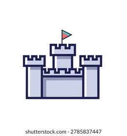 A clean flat design icon representing a stone castle with towers and a flag on top against a white background