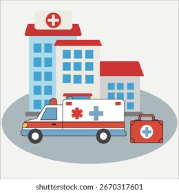 A clean, flat design vector of a hospital building, ambulance, and medical kit, representing healthcare and emergency medical services