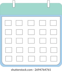 Um ícone de vetor de design simples e limpo que representa um calendário de parede mensal genérico com caixas de data vazias, pronto para agendamento. Este gráfico organizacional essencial, renderizado em menta e branco, é excelente