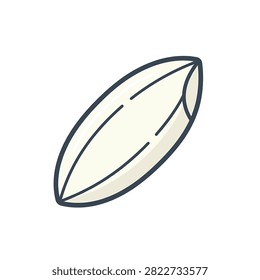 A clean flat design vector icon depicting a single grain of uncooked white rice on a plain white background