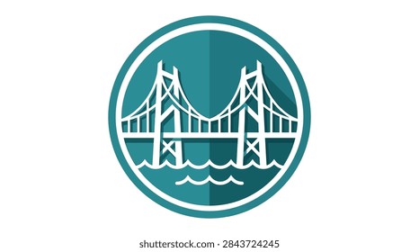 A clean, flat design vector icon depicting a white suspension bridge over wavy water. The illustration is contained within a dark teal circle featuring a subtle vertical split-tone shadow effect. The design uses minimalist lines to represent structural towers, suspension cables, and a crossing deck, suitable for travel or architectural branding.