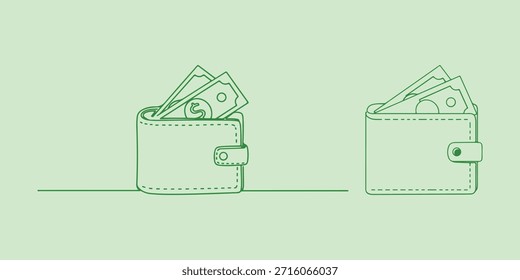 Una Ilustración vectorial de diseño limpio y plano muestra dos billeteras de contorno verde, una con dinero y una moneda visibles, que representan la gestión financiera y el ahorro.