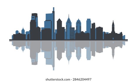 A clean, flat design vector illustration of the urban skyline of Philadelphia, Pennsylvania. The graphic features iconic skyscrapers, office buildings, and the historic city hall tower, all rendered in shades of blue and grey. The entire cityscape is mirrored in a subtle reflection below, set against a stark white background.