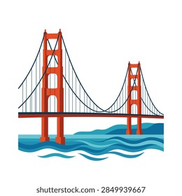 A clean, flat design vector illustration depicting a red-orange suspension bridge spanning across deep blue wavy water under a clear white background. The illustration features two tall structural towers, vertical suspension lines, and a horizontal roadway deck in a minimalist graphic style.
