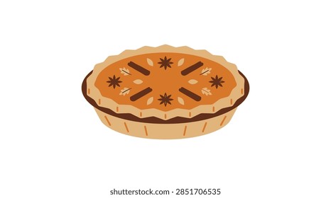A clean, flat design vector illustration of a whole pumpkin pie. The pie features a scalloped crust and is topped with decorative star anise, cinnamon sticks, and small autumn leaves. Perfect for Thanksgiving or fall-themed designs.
