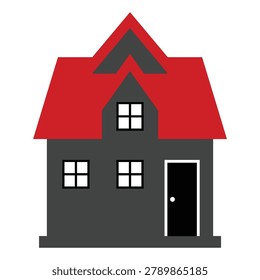 Clean flat house emblem with bold red gable roof and gray geometric panels. Crisp edges and minimal shading give a playful, modern feel. Great for real estate ads, kids design packs, and app UI screens.
