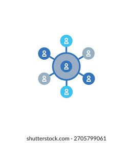 Un icono plano limpio que muestra nodos de personas conectadas, que representan el trabajo en equipo, las redes y la estructura organizativa. Ideal para proyectos de diseño de negocios, comunicación, gestión y colaboración.
