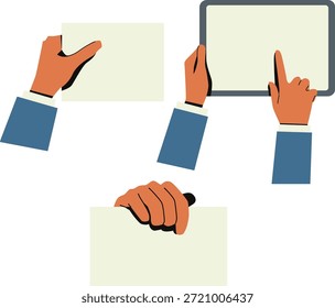 A clean flat illustration featuring business hands holding blank cards and interacting with a digital tablet screen. This modern illustration represents presentation, information display, user interface interaction, and business communication concepts. Designed in a simple flat style with solid colors, it is suitable for presentations, websites, apps, educational materials, marketing content, and corporate digital design.