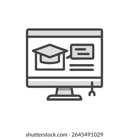 A clean flat illustration of a graduation cap on a computer screen representing online education. The style is simple and modern.