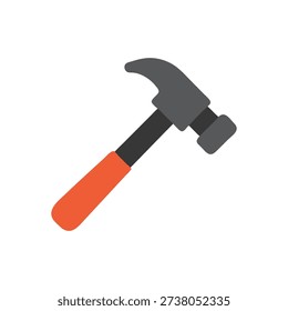 A clean flat illustration of a hammer tool. Gray head and orange handle against White Background.
