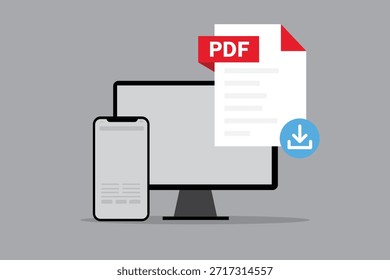 Ilustración plana limpia de la Descarga de archivos PDF que se muestra en el monitor de escritorio y el teléfono inteligente.