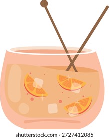 Una ilustración plana y limpia de un refrescante cóctel de cítricos con rodajas de naranja y cubitos de hielo servidos en un vaso redondeado con palos agitadores.