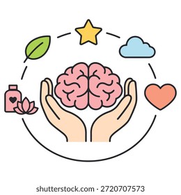 A clean flat illustration representing mental health care and emotional wellbeing, featuring hands holding a brain surrounded by wellness symbols like heart, leaf, star, cloud, and bottle. Ideal for psychology, therapy, mindfulness, healthcare awareness, self-care content, educational materials, and wellness branding.