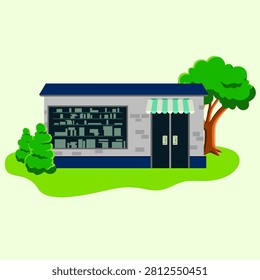 A clean flat illustration of a small modern commercial store with glass doors, trees, and outdoor greenery. Ideal for retail, business, architecture, and property concepts.