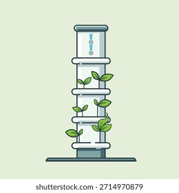 Ilustração plana limpa de uma torre hidropônica vertical com plantas jovens crescendo em módulos empilhados. Conceito de agricultura sustentável, agricultura em recintos fechados e produção de alimentos moderna.