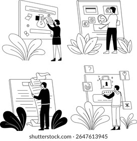Una ilustración de línea plana limpia de las actividades financieras globales con gráficos, símbolos de moneda, informes y gráficos.