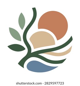 Clean flat logo icon showing abstract mountain and sun landscape, suitable for branding and visual identity use.