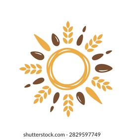 Clean flat logo icon showing sunburst circle surrounded by grains nuts and seeds, suitable for branding and visual identity use.