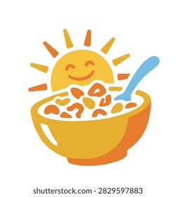Clean flat logo icon showing smiling sun rising from a cereal bowl, suitable for branding and visual identity use.