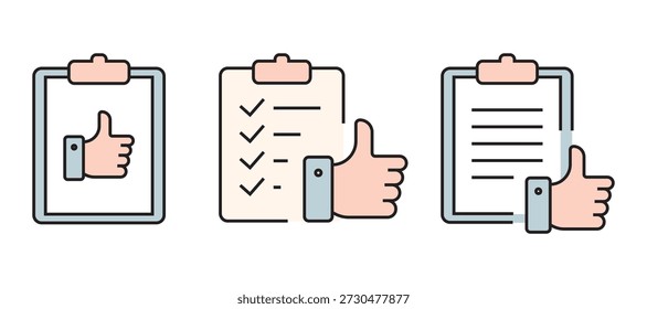 Conjunto de ícones de contorno plano limpo com polegares para cima e símbolos “curtidos” em vários contextos, como usuários, mídias sociais, web, notificações, configurações, aprovação, classificação e feedback. Perfeito para UI, UX, aplicativos, sites e marketing digital.
