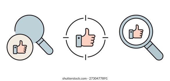 Reinigen Sie flache Umrisssymbole mit Daumen nach oben und "Gefällt mir"-Symbolen in verschiedenen Kontexten wie Benutzern, sozialen Medien, Web, Benachrichtigungen, Einstellungen, Genehmigung, Bewertung und Feedback. Perfekt für UI, UX, Apps, Websites und digitales Marketing.