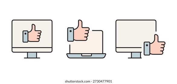 Clean flat outline icon set featuring thumbs up and “like” symbols in various contexts such as users, social media, web, notifications, settings, approval, rating, and feedback. Perfect for UI, UX, apps, websites, and digital marketing.
