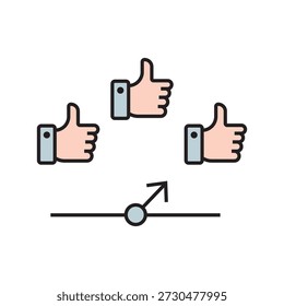 Conjunto de ícones de contorno plano limpo com polegares para cima e símbolos “curtidos” em vários contextos, como usuários, mídias sociais, web, notificações, configurações, aprovação, classificação e feedback. Perfeito para UI, UX, aplicativos, sites e marketing digital.