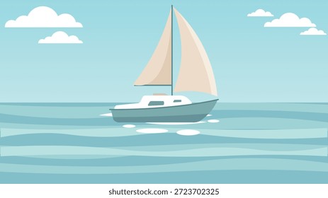 Ilustración plana limpia del velero que flota en el océano azul tranquilo bajo las nubes suaves perfectas para los carteles marinos del ocio del verano de los viajes Sitios web y conceptos pacíficos del diseño de la naturaleza