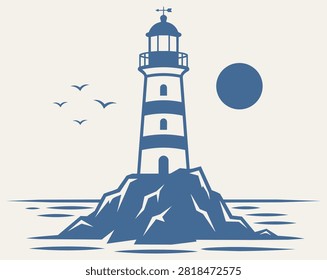 Clean flat style illustration of a striped beacon tower located on a rocky outcrop. The composition includes a simple sun disk and birds over a quiet horizon for a peaceful nautical theme.
