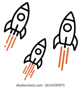 clean flat style rocket icon illustration showing three rockets with orange flame trails